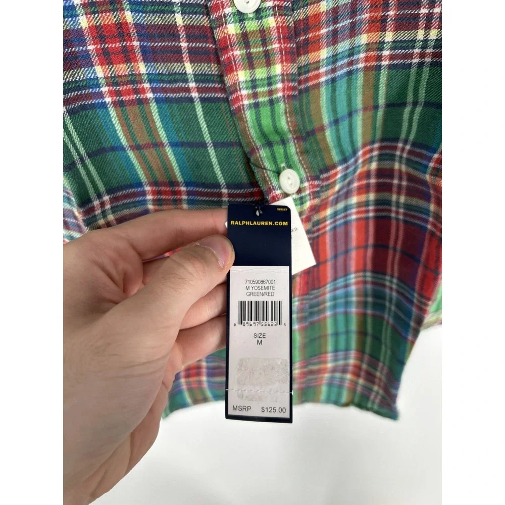 Polo Ralph Lauren Shirt Red‎ Green Tartan Plaid Button Up 100% Linen Two Pockets